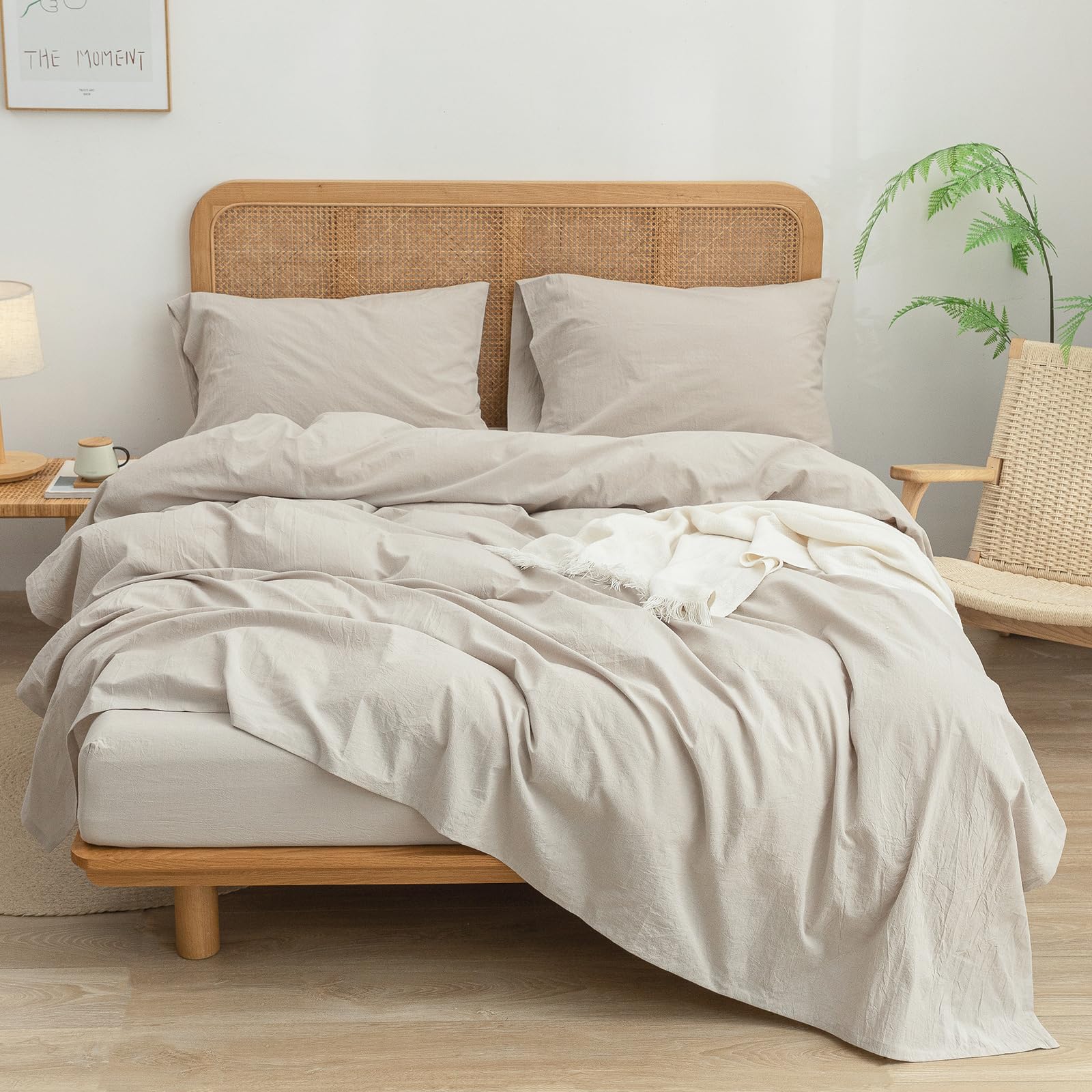 Bestouch Sheet Set 100% Washed Cotton Linen Feel Super Soft Comfortable Chic Lightweight 3 Pcs Home Bedding Set Solid Linen Grey