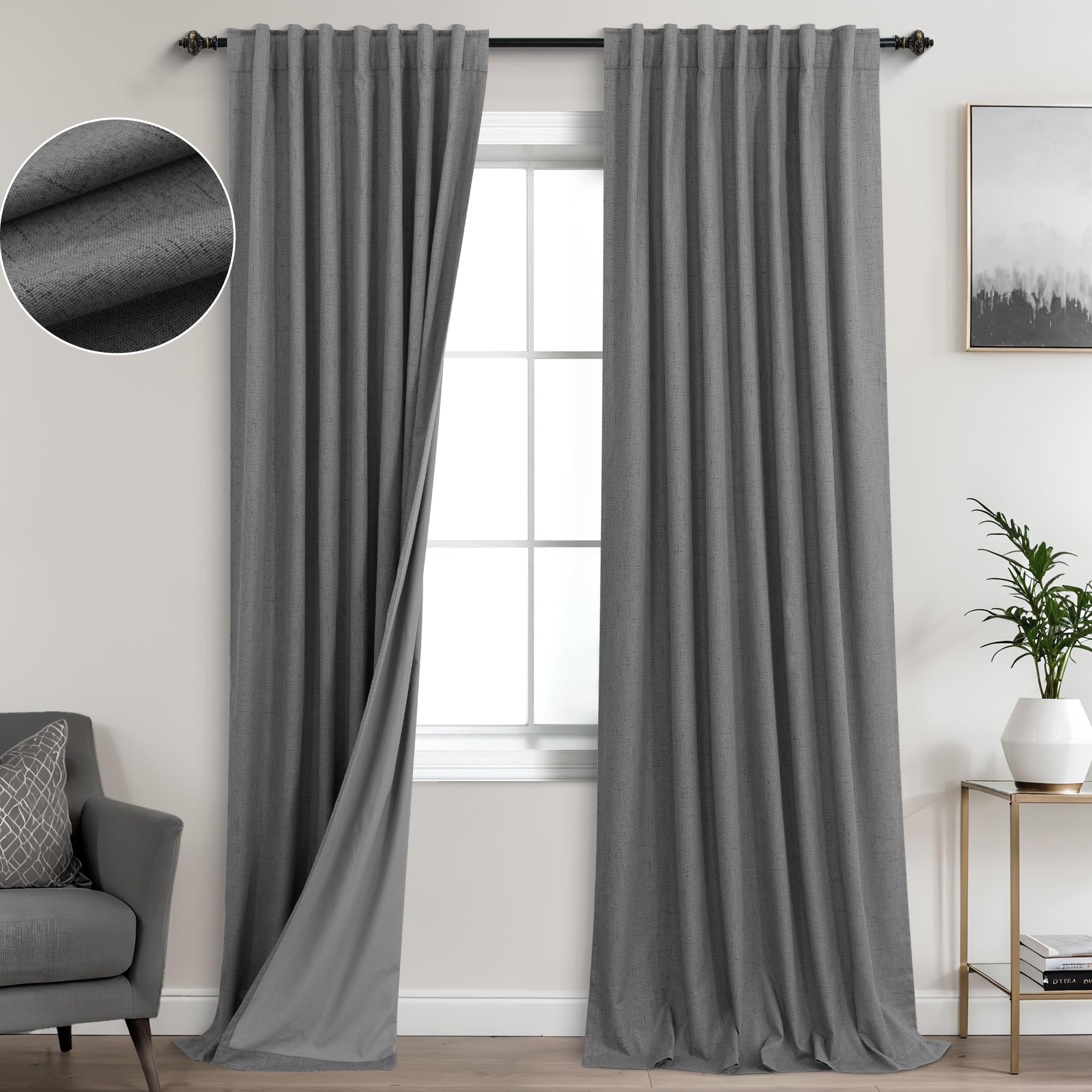 Koufall Grey Back Tab Linen Blackout Curtains For Living Room 52X105 Inch Length
