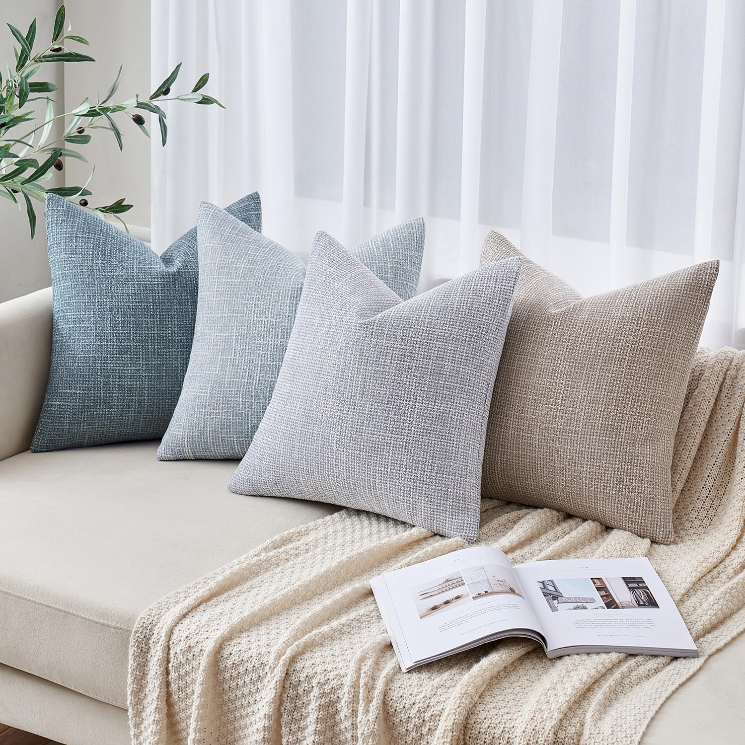 Miulee Burlap Linen Throw Pillow Covers 24X24 Inch Blue Decorative Pillow Covers Modern Farmhouse Pillowcases Soft Accent Cushio