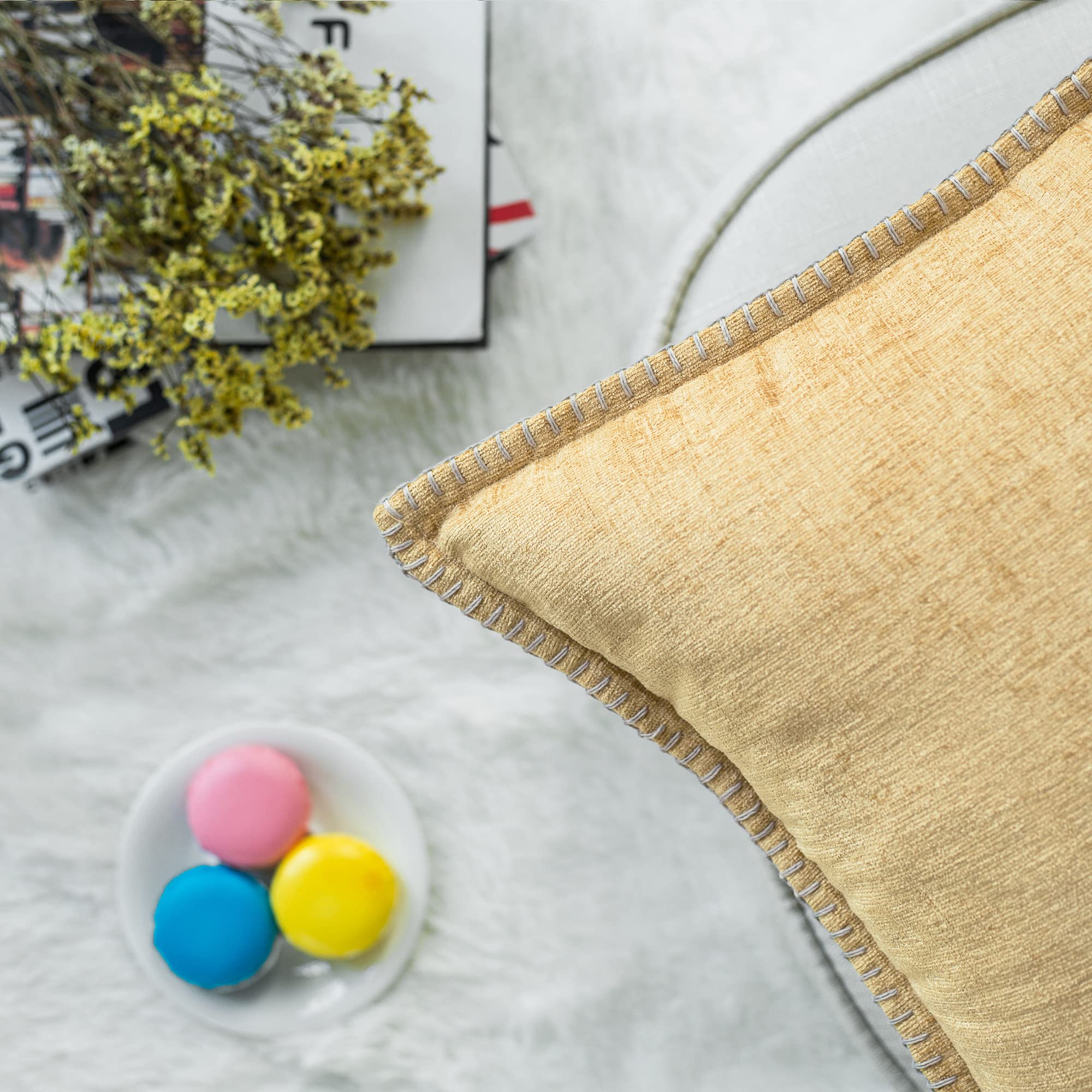 Throw Pillow Cases Calitime Pack Of 2 Cotton Thread Stitching Edges Solid Dyed Soft Chenille Cushion Covers For Couch Sofa Home