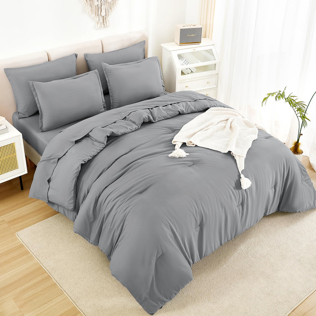 Litanika King Size Comforter Set Medium Gray - 7 Pieces Bed In A Bag King Beddding Comforter Sets, Solid Lightweight Bed Set Wit