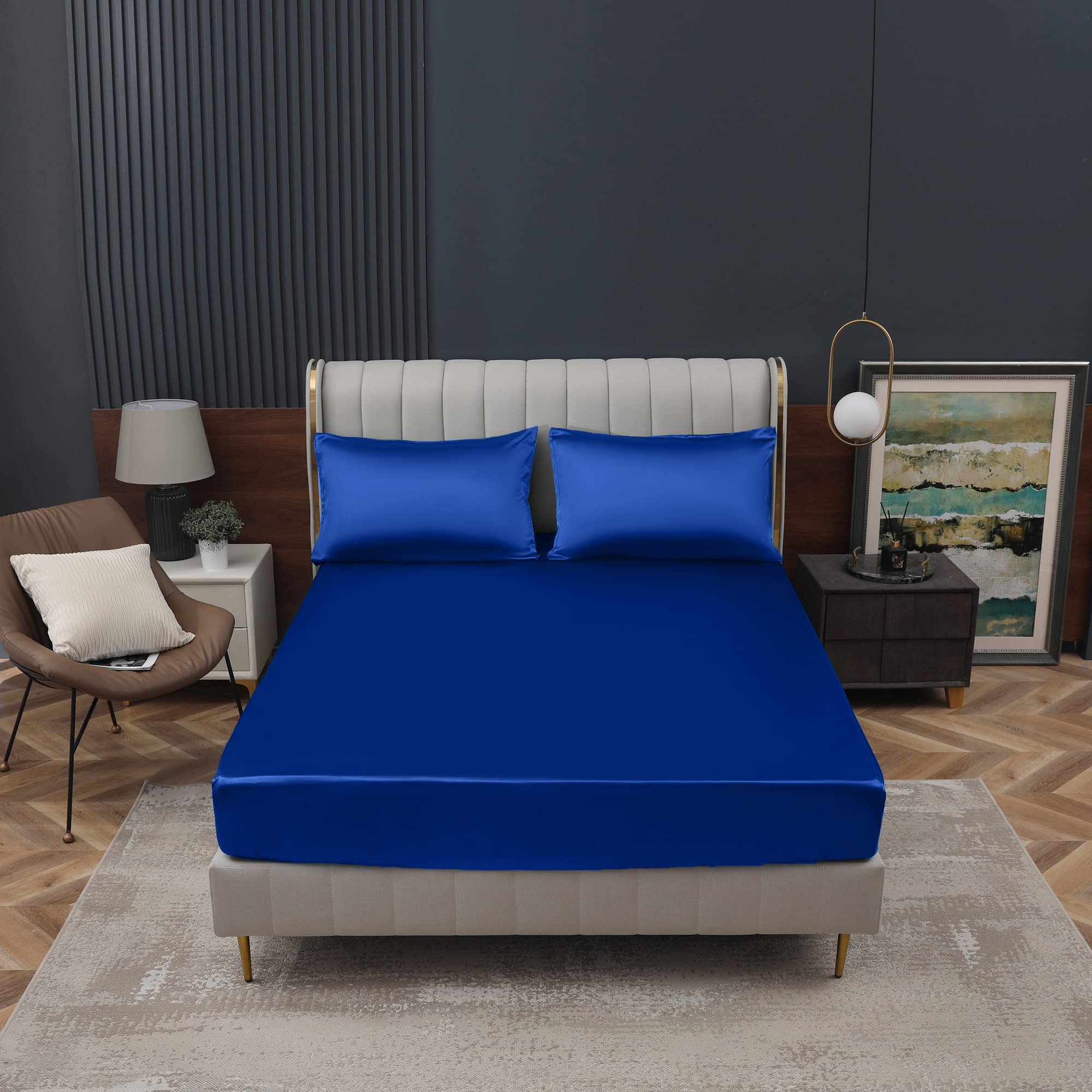 Homiest Royal Blue Satin Fitted Sheet Twin Size Fitted Bed Sheet, Deep Pocket Fitted Sheet Only, Luxury & Ultra Soft Bedding Fitted Sheet Single Bottom Bed Sheets Sold Separately