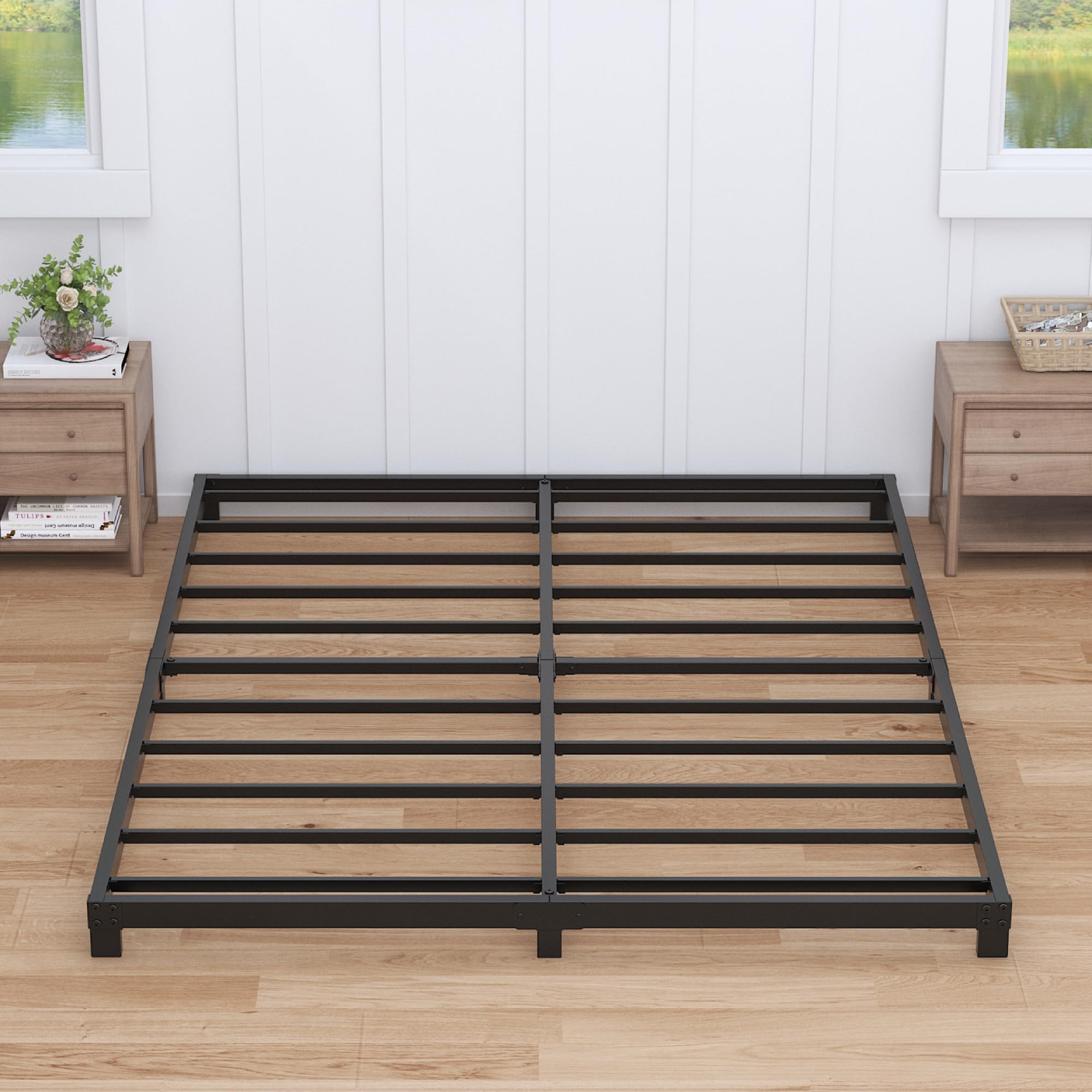 Nailsong 4 Inch Bed Frame Full Low Profile, Full Size Metal Bed Frame No Box Spring Needed, Heavy Duty Metal, Easy Assembly, Bla