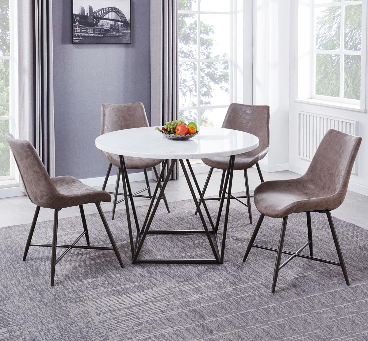 Steve Silver Furniture Ramona 5pc Marble Dining Set, 44" Round Marble Top w/Iron Base, 4-100% Polyester Side Chairs, Mid-Century/Modern Design, Dining Room, 44" L x 44" W x 30" H, Brown, White