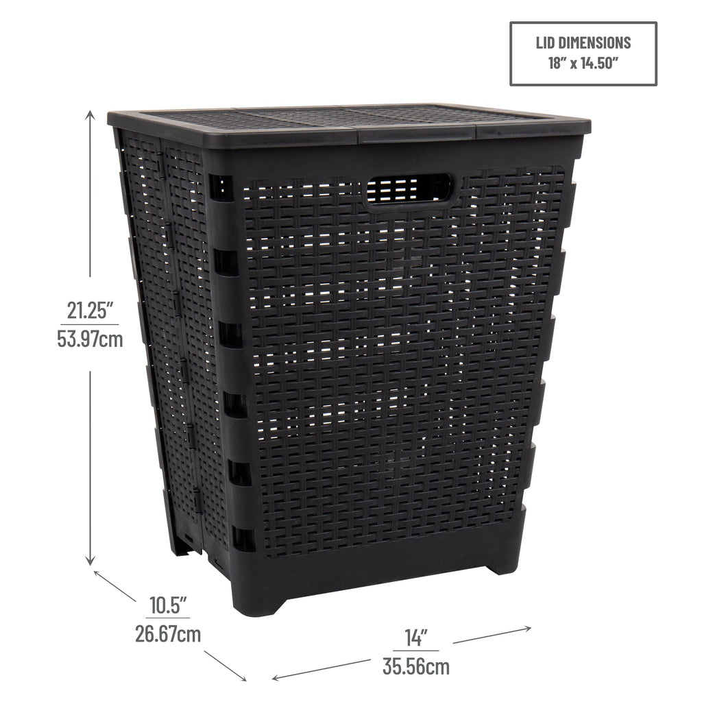 Mind Reader 61L Foldable Laundry Hamper, Clothes Basket, Lid, Wicker Design, Plastic, 18''L X 14.5''W X 21.25''H, Black