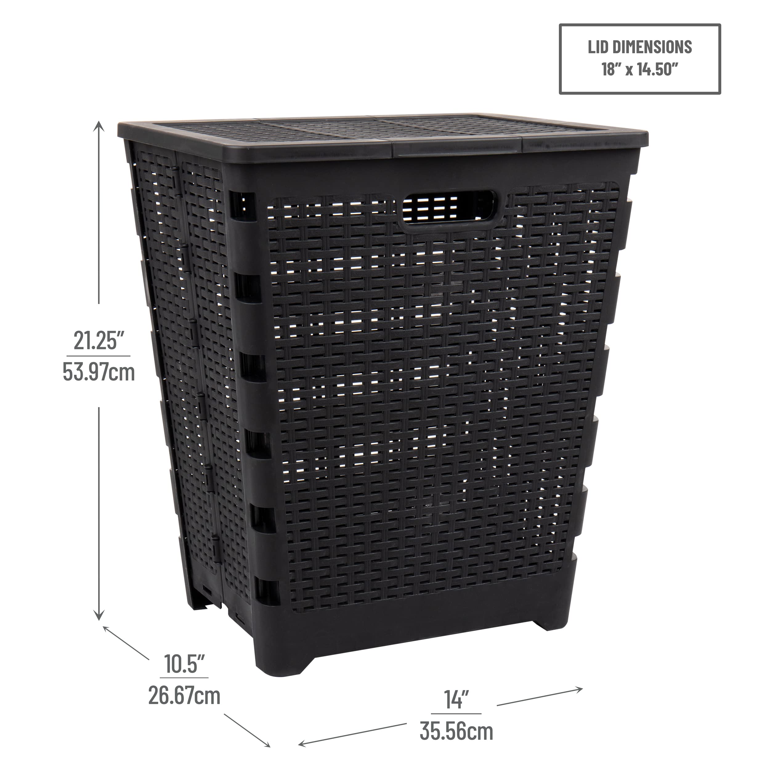Mind Reader 61L Foldable Laundry Hamper, Clothes Basket, Lid, Wicker Design, Plastic, 18''L X 14.5''W X 21.25''H, Black