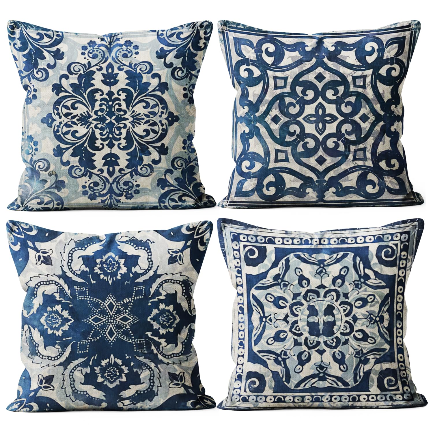 M-Qizi Blue Throw Pillow Covers - Linen Blue Pillow Covers 22X22 Set Of 4, Decorative Blue And White Pillow Covers, Chinoiserie