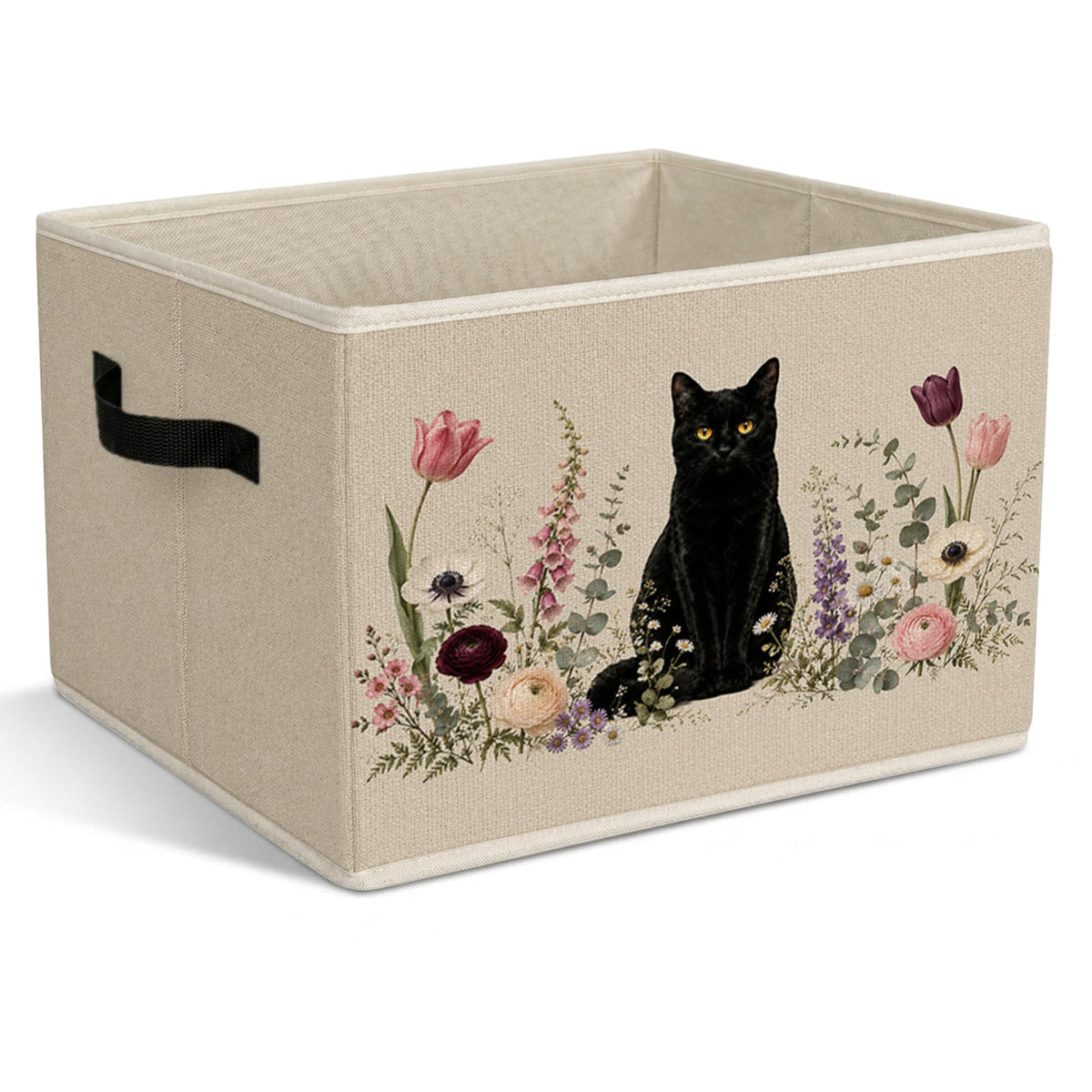 Yorhifa Vintage Black Cat Floral Storage Bins with Handles, Black Cat Lover Gifts Collapsible Laundry Basket Organizer for Bathr