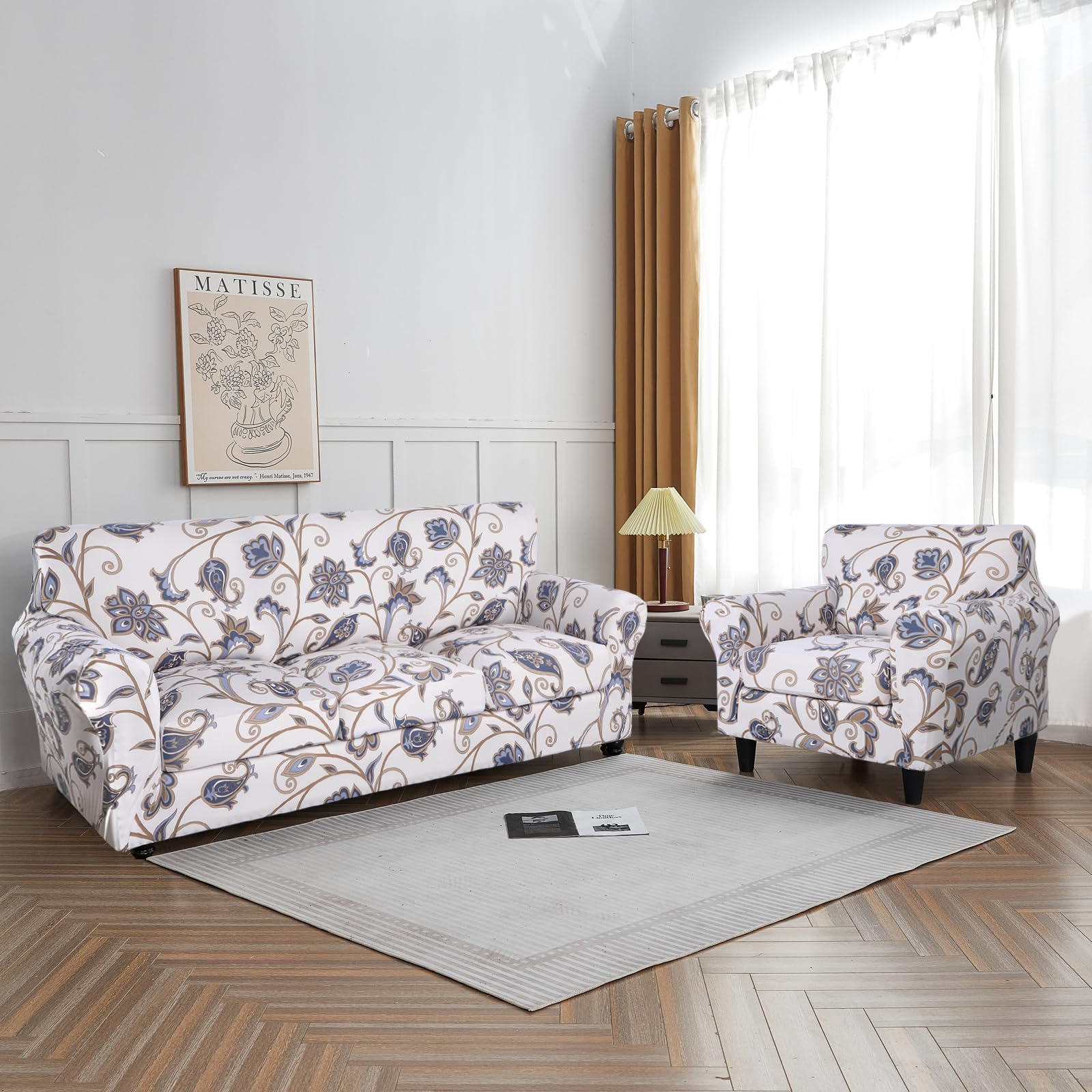 Searchi Stretch Sofa Cover Printed Couch Cover, Floral Pattern 3 Pieces Loveseat Slipcover With 2 Separate Cushion Cover, Washable Furniture Protector For Living Room(Loveseat, Love Flower)