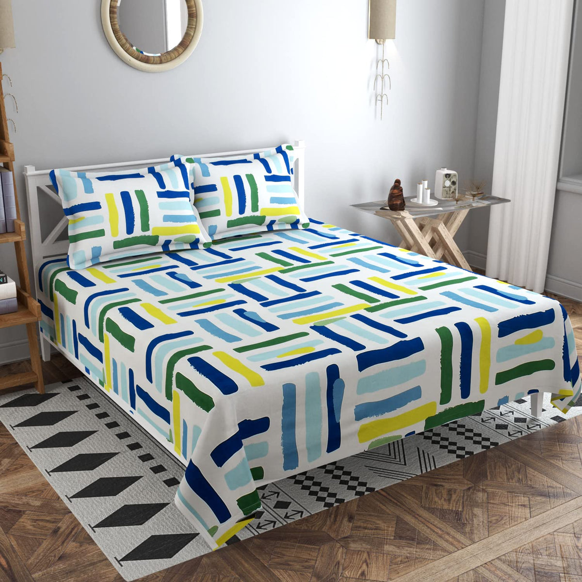 BSB HOME Prime Collections 100% Cotton Feel Double/Queen Size Bedsheets with 2 Pillow Covers Cotton, 180tc Abstract Multicolor B