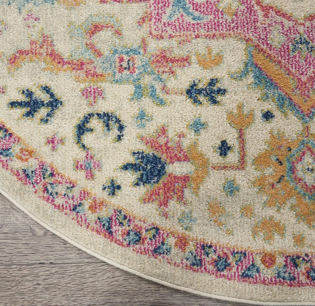 HomeRoots Ivory/Pink 100% Polypropylene 5’ Round Ivory and Pink Medallion Area Rug