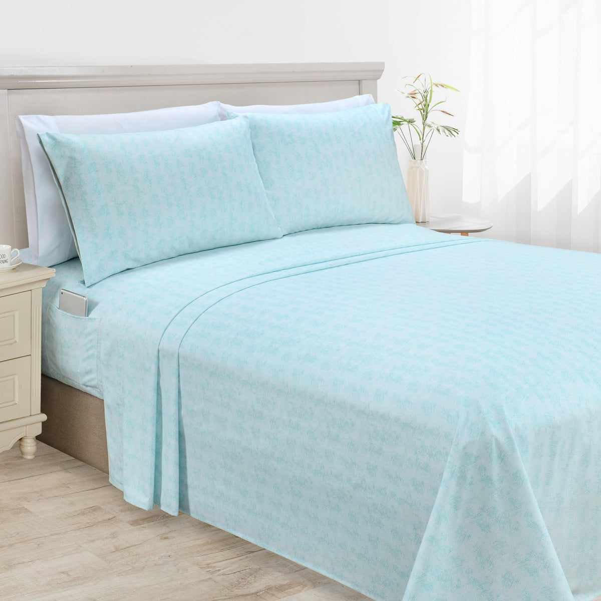Elegant Comfort Luxury Soft Bed Sheets Wave Pattern - 1500 Premium Hotel Quality Microfiber Softness Wrinkle And Fade Resistant (6-Piece) Bedding Set, King, Wave Aqua