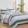 Wongs Bedding Blue Brown Quilt Queen Size, Bohemian Stripe Quilt Sets 3 Pieces Blue&Brown Boho Quilted Bedspread Set Lightweight