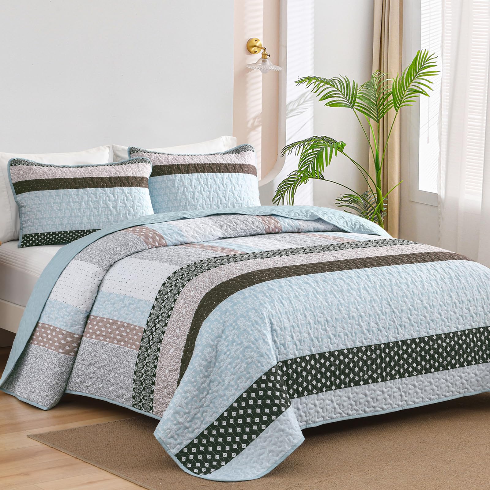 Wongs Bedding Blue Brown Quilt Queen Size, Bohemian Stripe Quilt Sets 3 Pieces Blue&Brown Boho Quilted Bedspread Set Lightweight