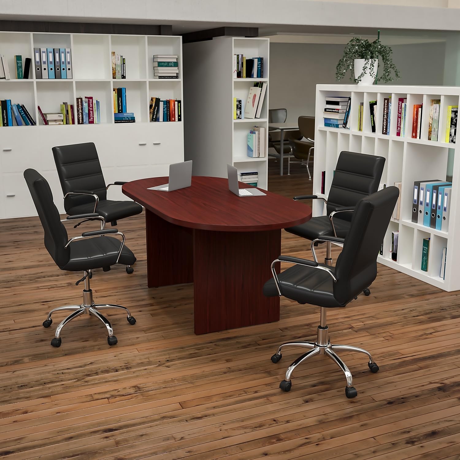 Flash Furniture 5 Piece Mahogany Oval Conference Table Set With 4 Black And Chrome Leathersoft Executive Chairs