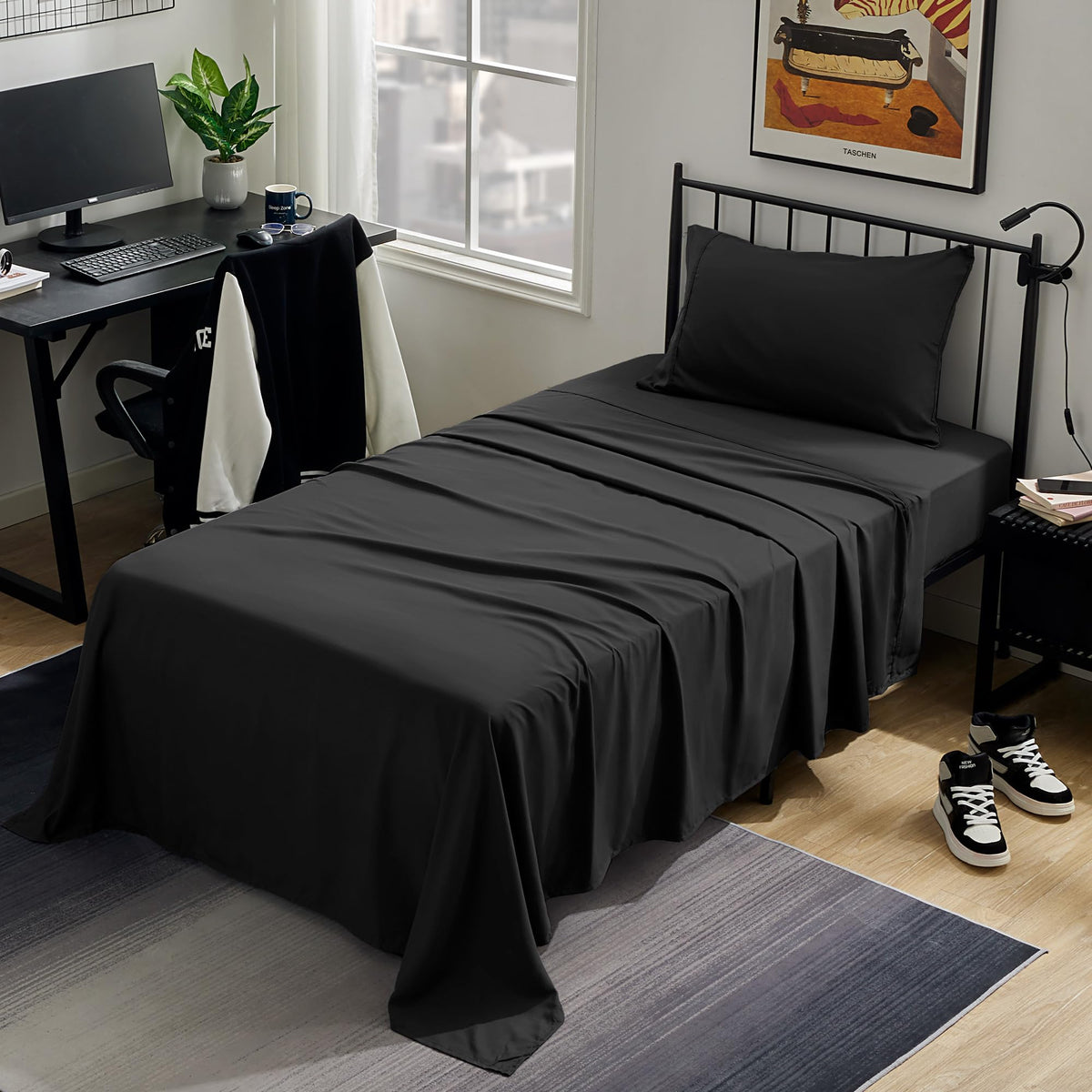 Sleep Zone Nanotex Super Soft Cooling Twin Bed Sheets Set For Kids 3 Piece - Easy Care Fitted Flat Sheet & Pillowcase Sets - Wrinkle Free, Fade Resistant, Deep Pocket 16' (Black, Twin)