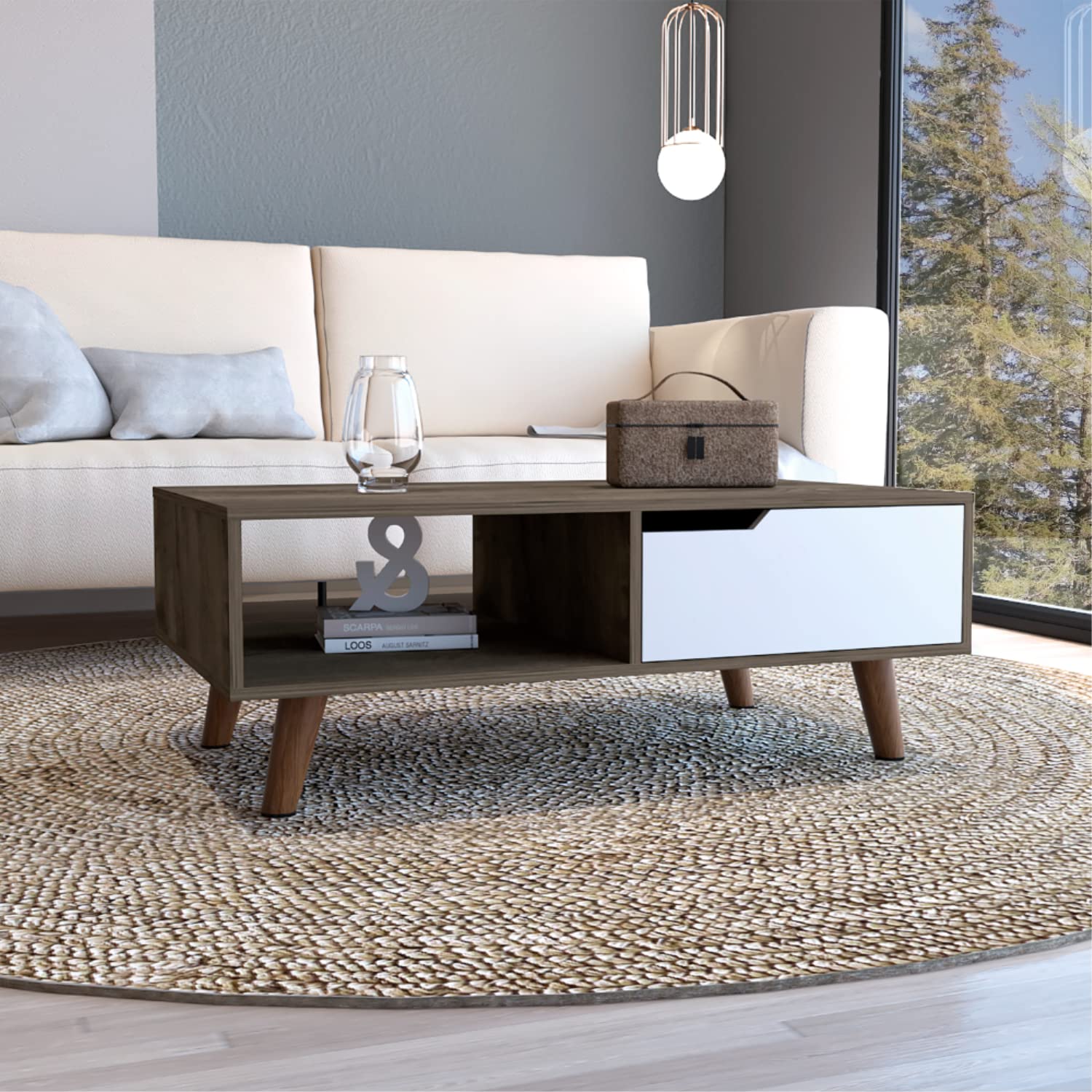 Kobe Coffee Table 2.0 With Open Shelf And Cabinet, Dark Brown/White