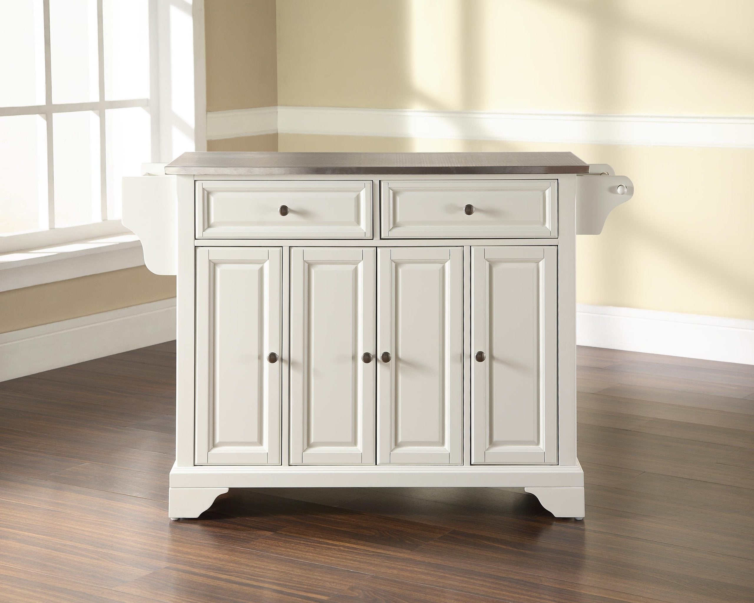 Crosley Furniture Lafayette Stainless Steel Top Rolling Kitchen Island Storage Cart, Spice Rack, White