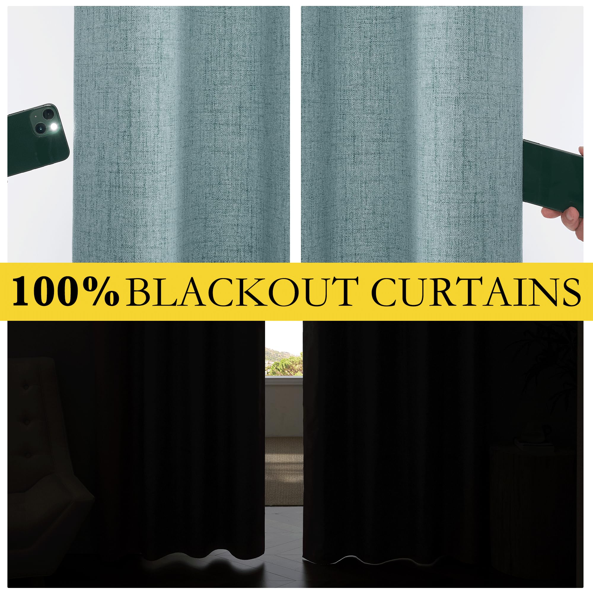 Nicetown 100% Absolutely Blackout Linen Curtains With Thermal Insulated White Liner, Skylark Blue, 52 Inches Wide, 90 Inches Length Energy Saving Curtains For Living Room 2 Panels Set, Vertical Blinds
