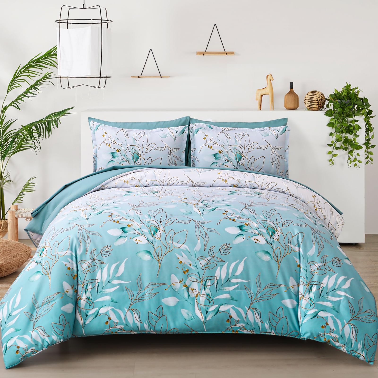 WONGS BEDDING 7 Pieces Comforter Set Full, Floral Bed in a Bag Comforter Reversible Flower Plum Bedding Set Full Size(1 Comforte