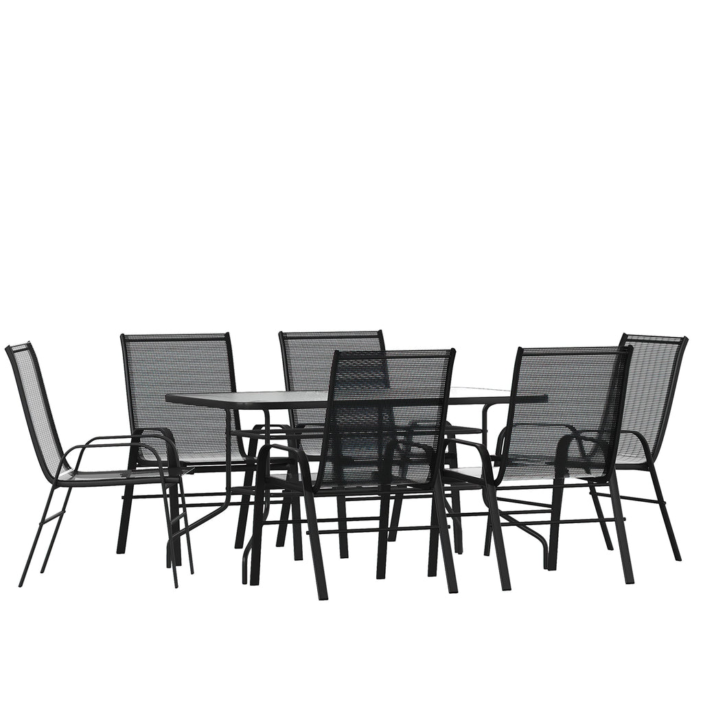 Flash Furniture Brazos Series 7-Piece Glass Patio Table And Chairs Set, Outdoor Dining Set With Table With Umbrella Hole, 6 Sling Patio Chairs, Black