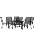 Flash Furniture Brazos Series 7-Piece Glass Patio Table And Chairs Set, Outdoor Dining Set With Table With Umbrella Hole, 6 Sling Patio Chairs, Black