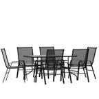 Flash Furniture Brazos Series 7-Piece Glass Patio Table And Chairs Set, Outdoor Dining Set With Table With Umbrella Hole, 6 Sling Patio Chairs, Black