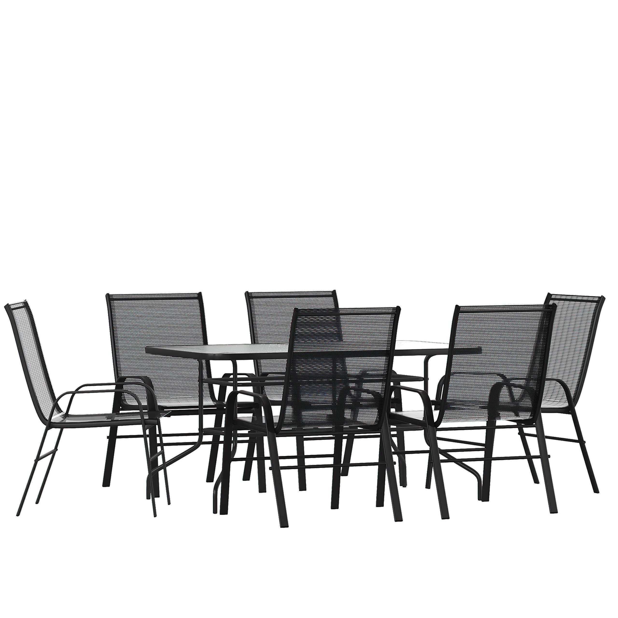 Flash Furniture Brazos Series 7-Piece Glass Patio Table And Chairs Set, Outdoor Dining Set With Table With Umbrella Hole, 6 Sling Patio Chairs, Black