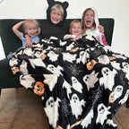 Halloween Throw Blanket: Jack O Lantern Pumpkins White Ghosts And Spiderwebs On Soft Black Velvet Fleece For Sofa, Couch, Chairs