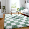 KICMOR Sage Green and White Area Rug 3x5 Bedroom Carpet, Fluffy Fuzzy Shag Checkered Rug, Soft Shaggy Bedside Small Rugs, Non-Sl