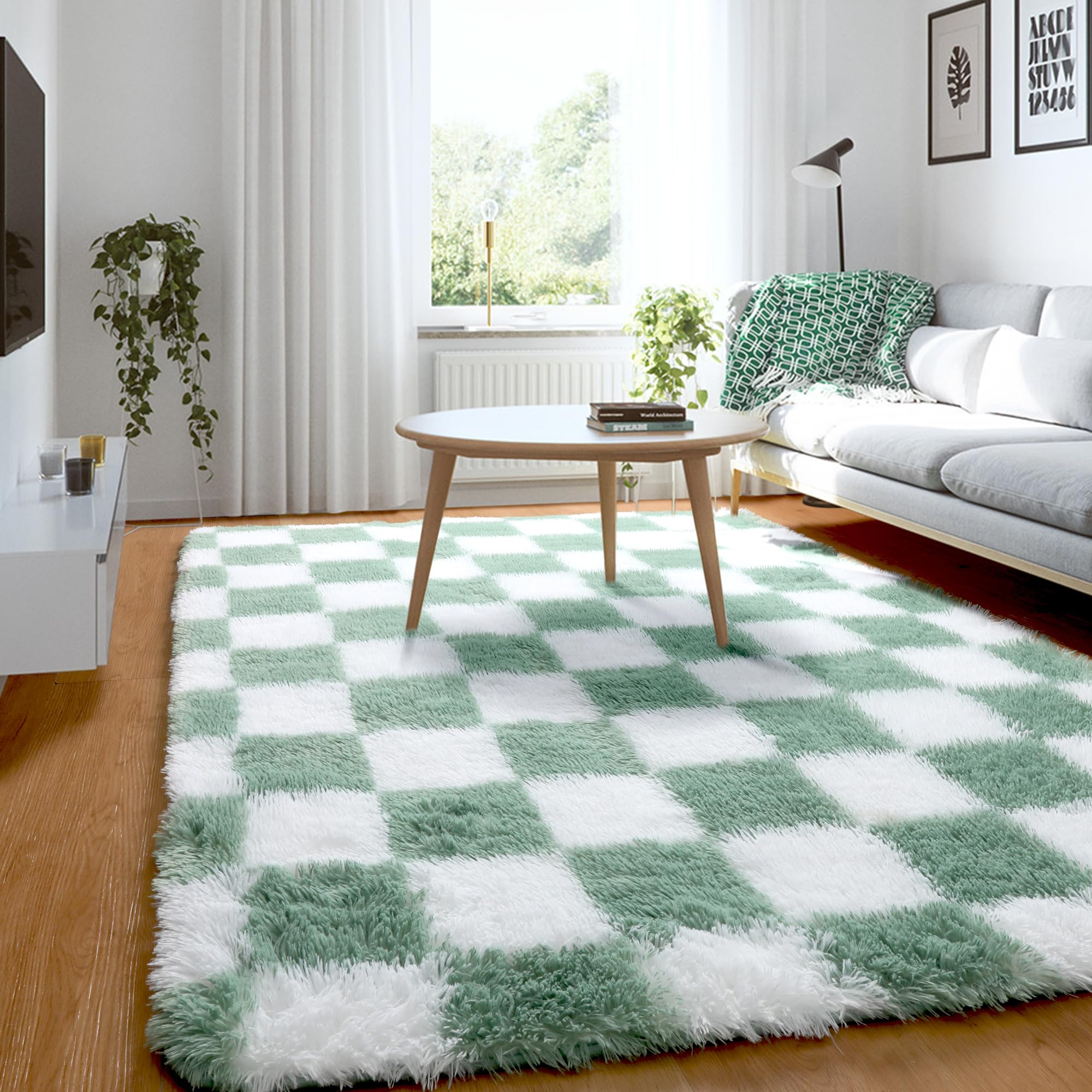 KICMOR Sage Green and White Area Rug 3x5 Bedroom Carpet, Fluffy Fuzzy Shag Checkered Rug, Soft Shaggy Bedside Small Rugs, Non-Sl