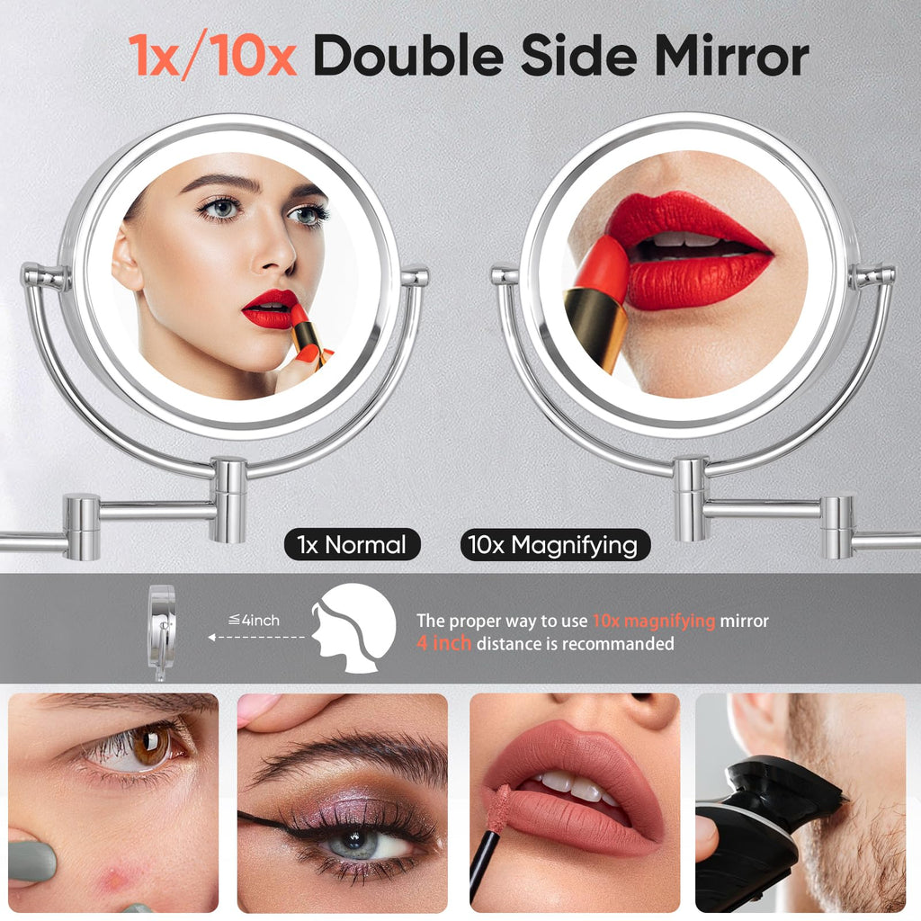 GURUN Wall Mounted Makeup Mirror with 10x Magnification, Dimmable LED Lights, 13" Extendable Arm, Chrome Finish