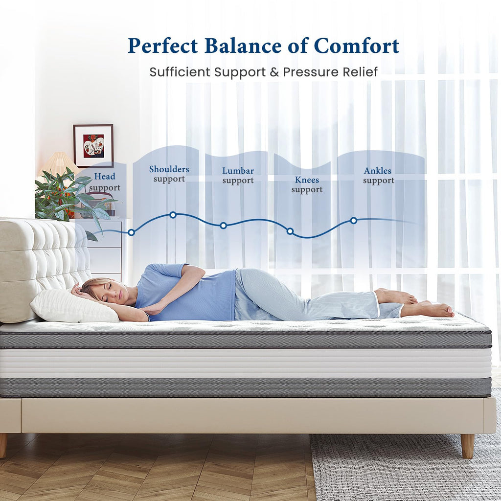 Coolvie Queen Hybrid Mattress 12 Inch Memory Foam Pocket Springs Grey CMP22A4G01