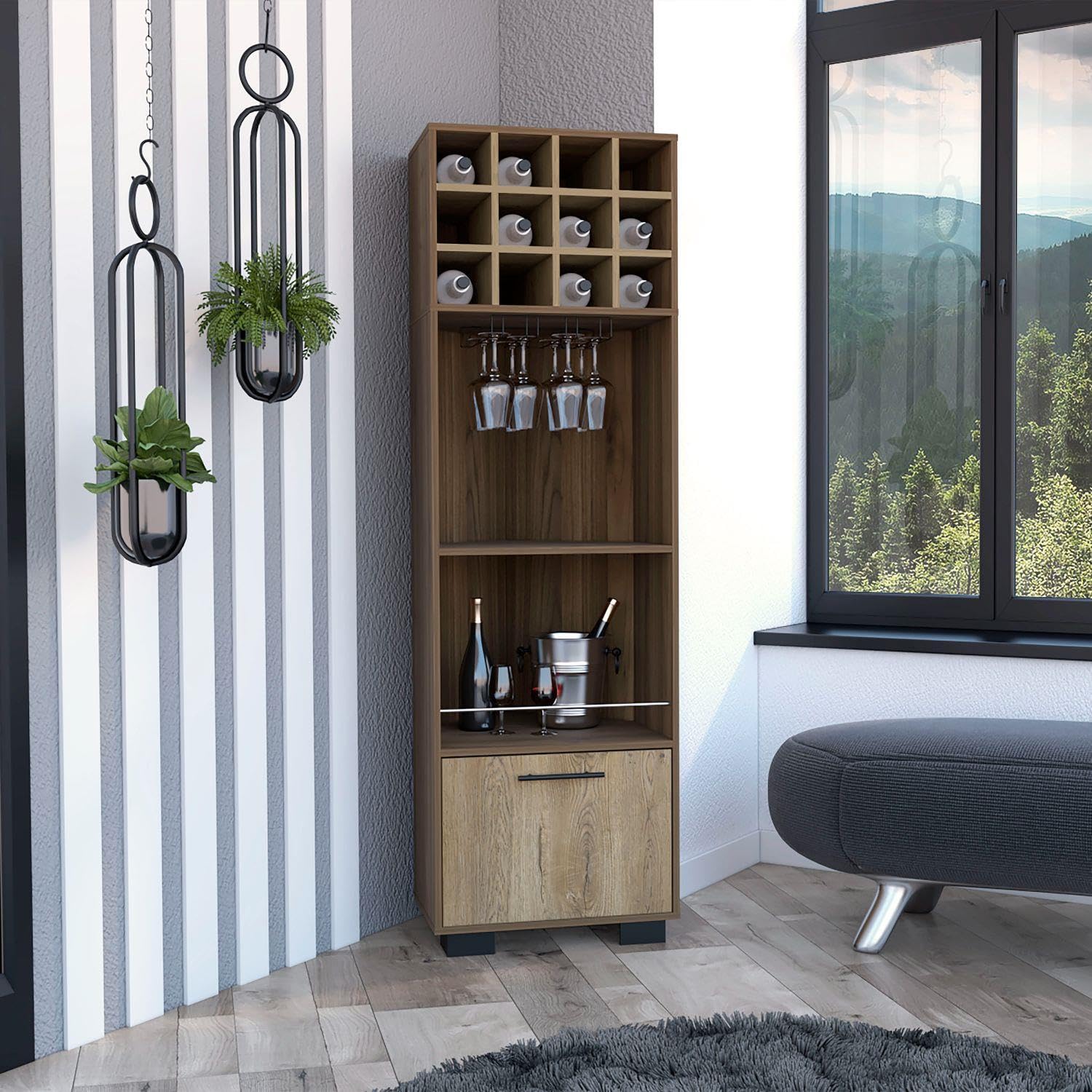 Norway Corner Bar Cabinet, 8 Built-In Wine Rack, 2 Side Shelves, Mahagony/Macadamia