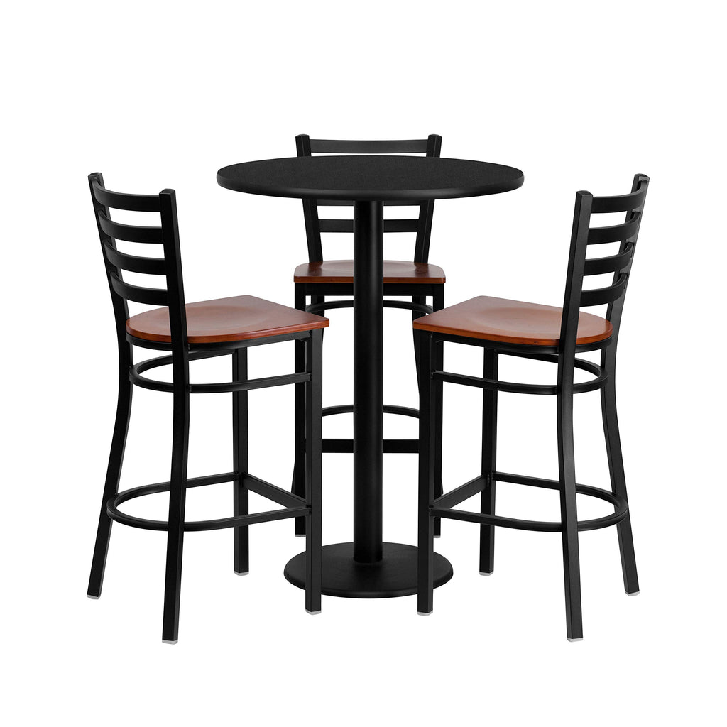 Flash Furniture Clark 30'' Round Black Laminate Table Set with 3 Ladder Back Metal Barstools - Cherry Wood Seat