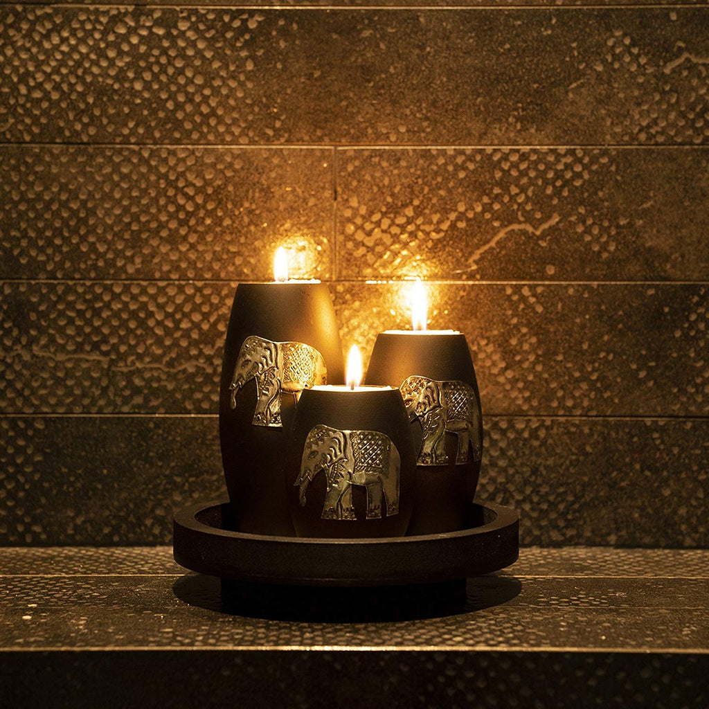 Iyara Craft Tealight Candle Holders With Candle Tray Set Of 3 Decorative Candle Holders Matte Wood Finish With Inlaid Aluminum A