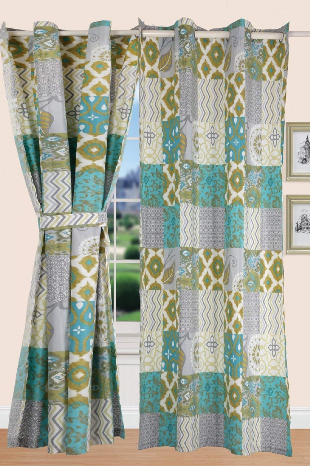 All American Collection New Printed Modern Geometric Window Treatment Curtain (Panel, Blue/Green & Yellow)