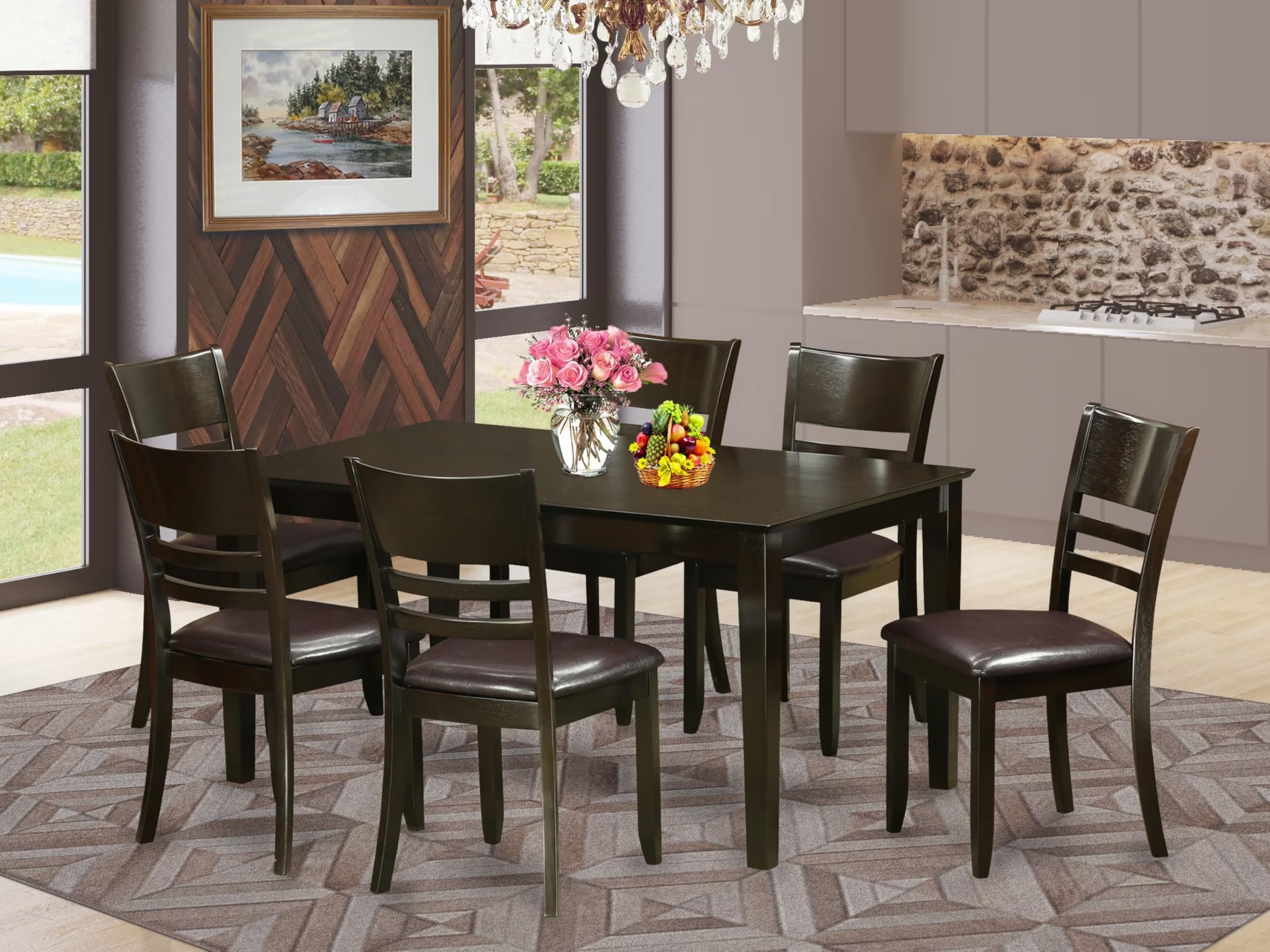 East West Furniture CALY7-CAP-LC Capri 7 Piece Room Furniture Set Consist of a Rectangle Dining Table and 6 Faux Leather Upholstered Chairs, 36x60 Inch, Cappuccino