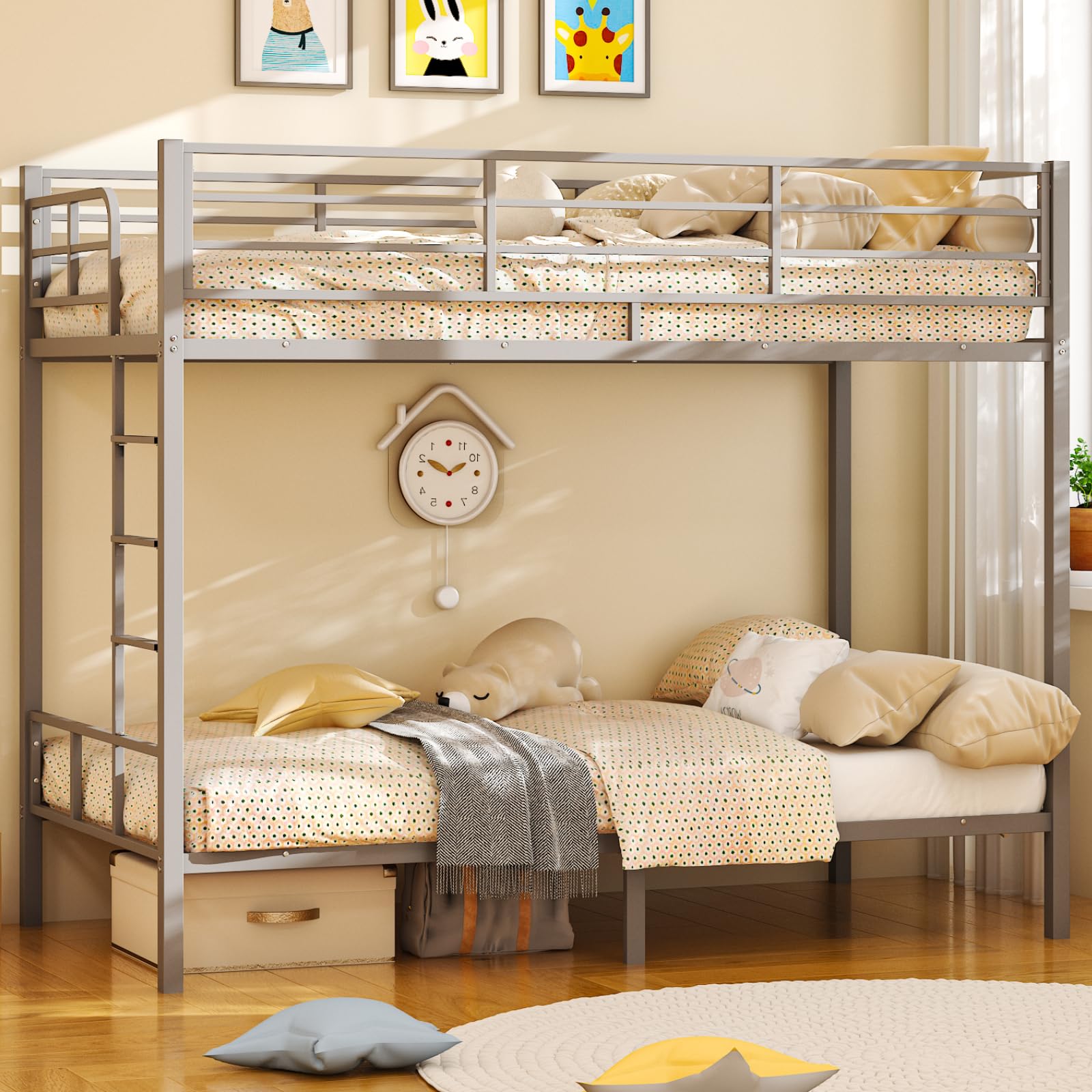 VINGLI 15 Inches Extra High Guardrail Bunk Bed Twin Over Twin, 2 Deckers Bunk Bed with Stairs & Flat Rungs, Heavy Duty Metal Sla