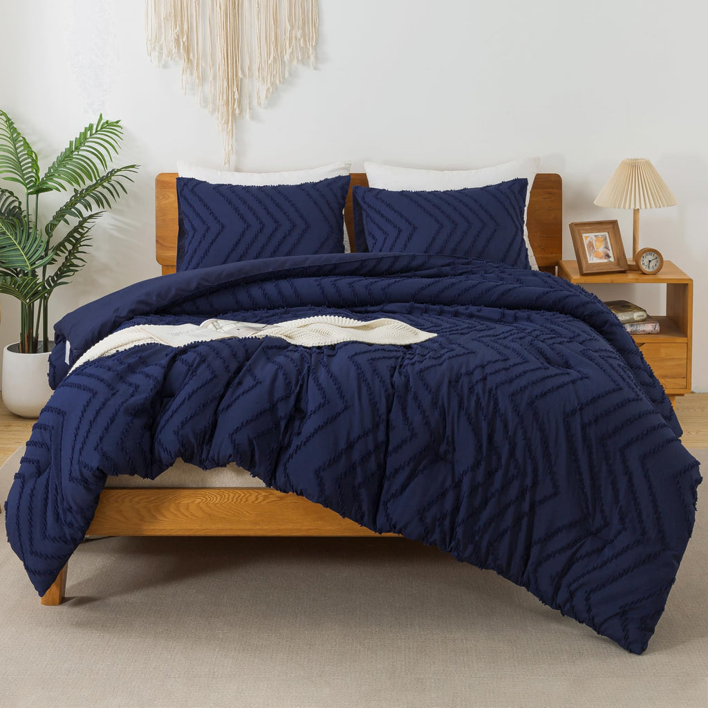 Litanika Navy Blue California King Comforter Set, 3 Pieces Cal King Oversized Chevron Tufted Bedding Comforter Sets, Fluffy Bed