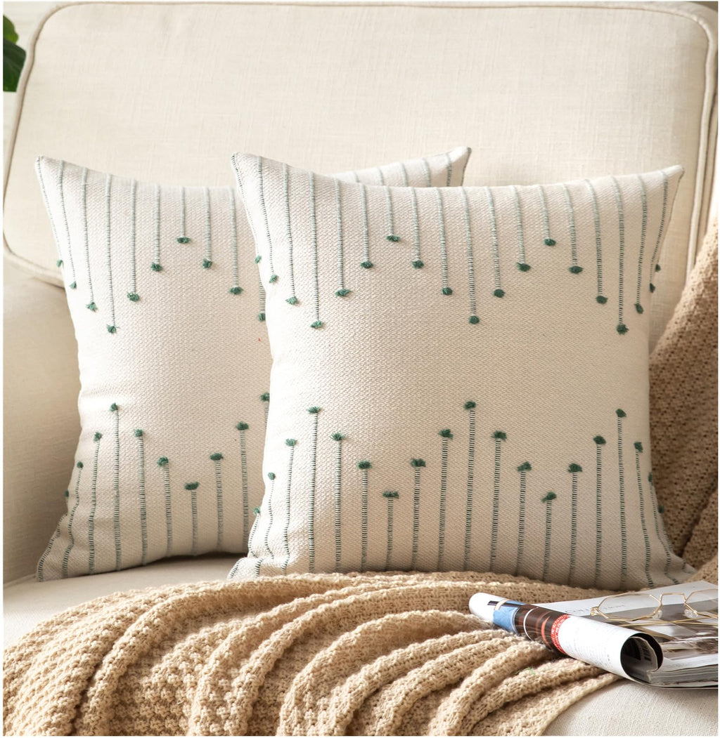 Caflife Boho Throw Pillow Covers 24x24 Set of 2 Decorative Pillows for Bed, Neutral Pillow Covers Beige with Green Line Throw Pi