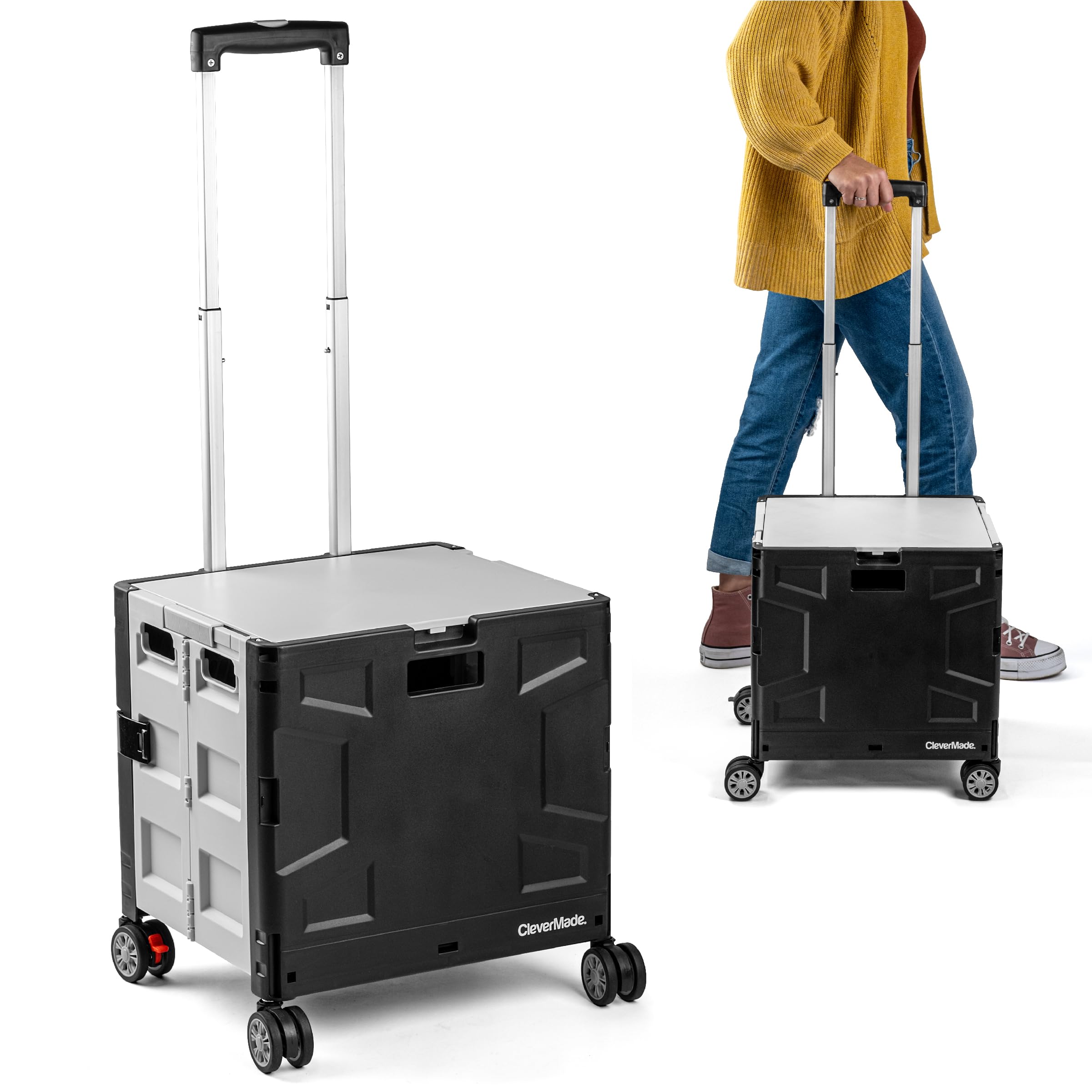 CleverMade Collapsible Wheeled Crate with Lid, 4-Wheels - Swivel and Glide Rolling Crate with Handle and Double Wheels for Easy 