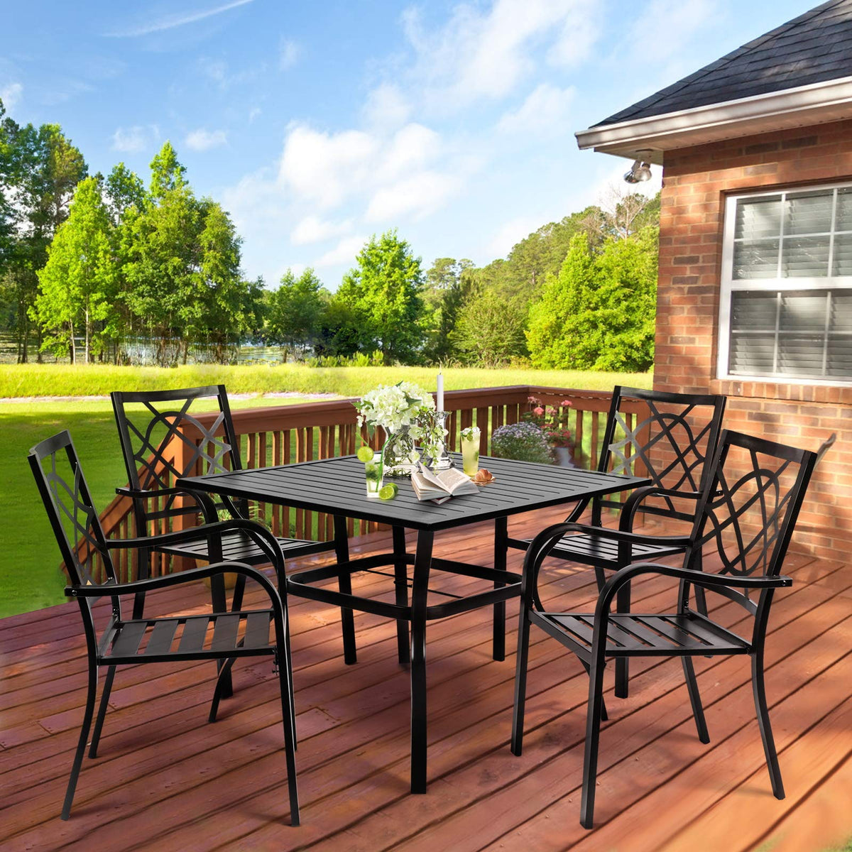 Suncrown 5-Piece Outdoor Wrought Iron Chairs And Table Patio Dining Furniture Set - 4 Stackable Metal Chairs, 1 Steel Slat Bistro Table For Garden Backyard Deck