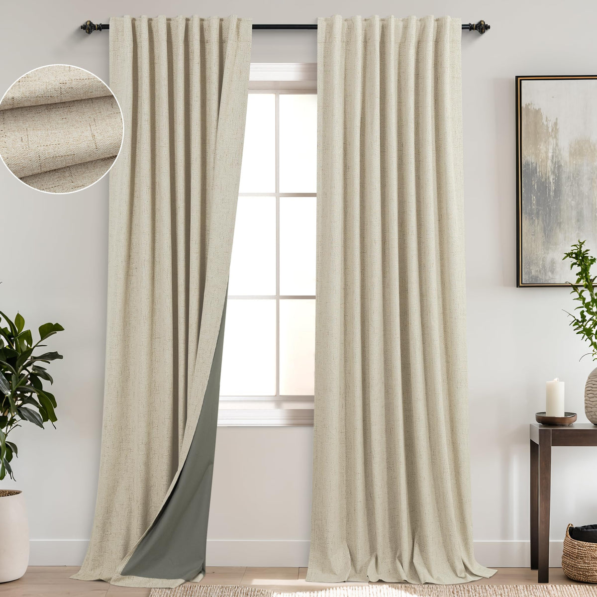 Koufall 52X100 Inches Long Light Tan Back Tab Linen Blackout Curtains For Living Room