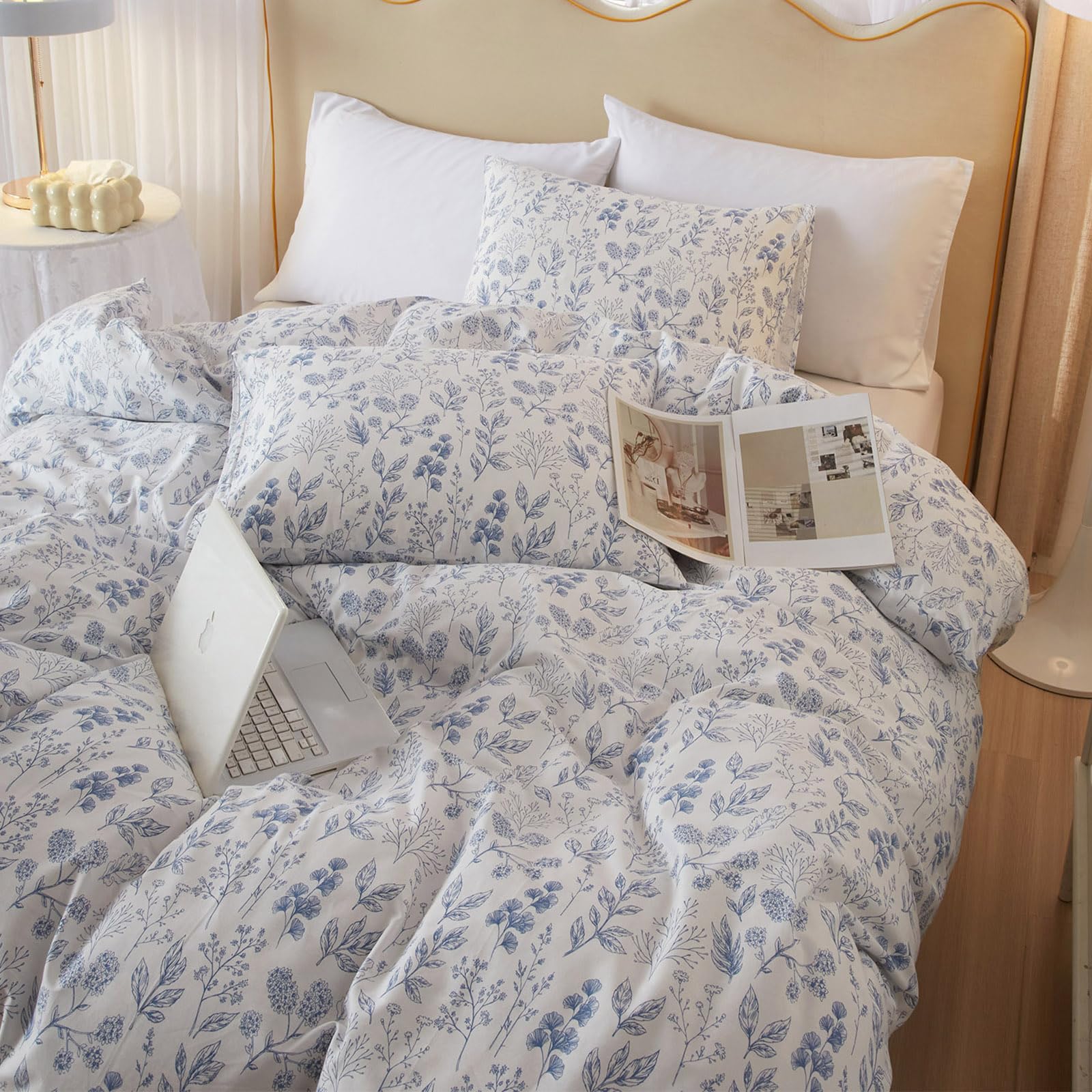 Highbuy White Full Comforter Set Blue Floral Comforter Sets For Women Girl Coquette Aesthetic Boho Comforter Full Size Bedding C