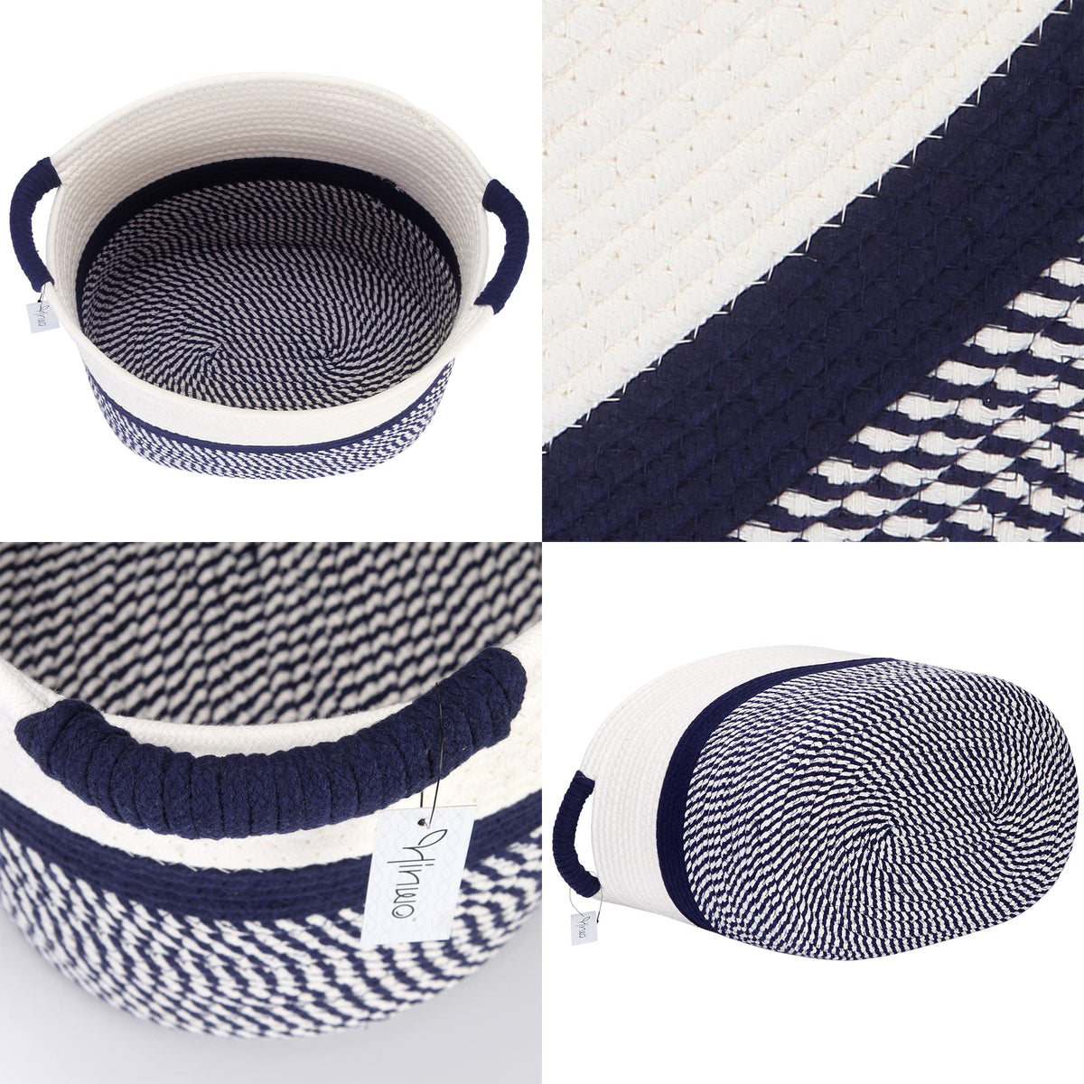 Hinwo Oval Cotton Rope Storage Basket Collapsible Nursery Storage Box Container Organizer With Handles, 16 X 13 Inches, Off White And Dark Blue