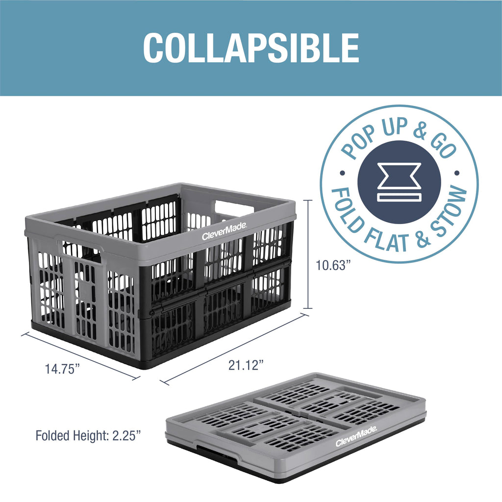 Clevermade Collapsible Utility Crate, Stone, 3Pk - 45L (11 Gal) Collapsible Storage Bins, Holds 66Lbs Per Bin - Plastic Stackabl