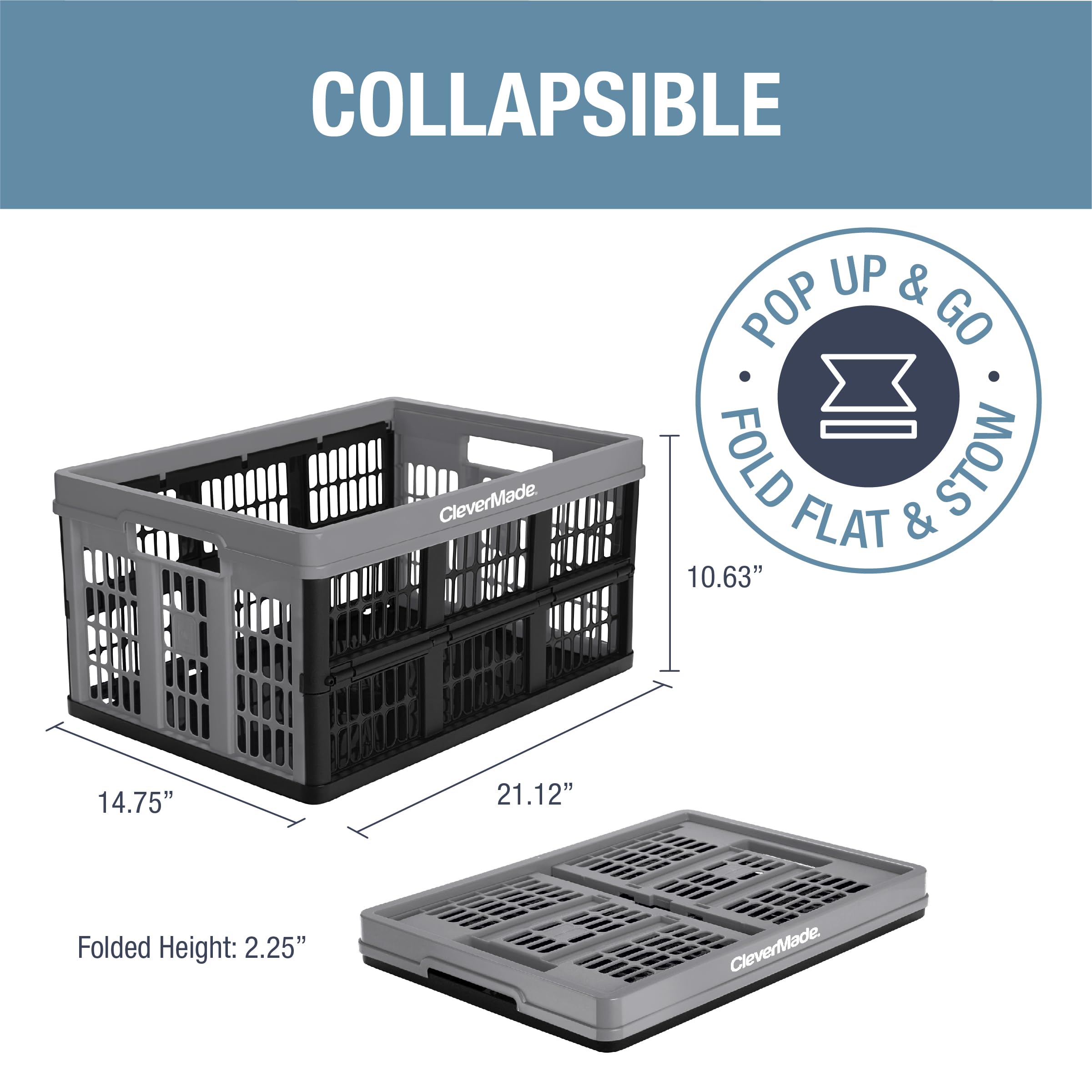 Clevermade Collapsible Utility Crate, Stone, 3Pk - 45L (11 Gal) Collapsible Storage Bins, Holds 66Lbs Per Bin - Plastic Stackabl