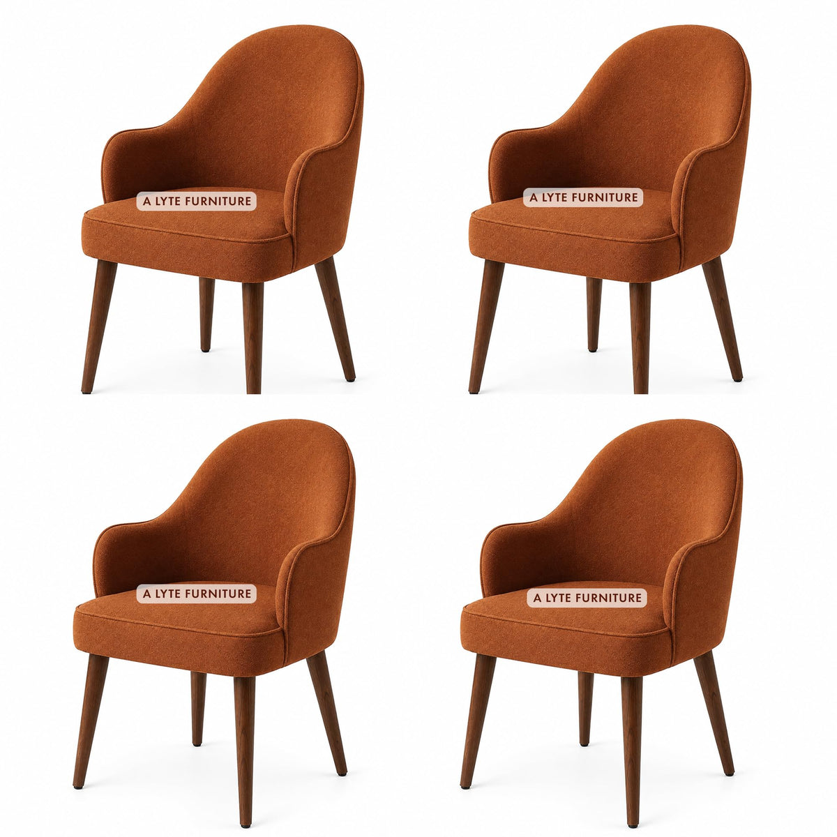 A Lyte Furniture Set Of 4 Dining Chairs For Home, Sheesham Wood Legs, Bookley Fabric Upholstered Arm Chairs, Burnt Orange, Flexi