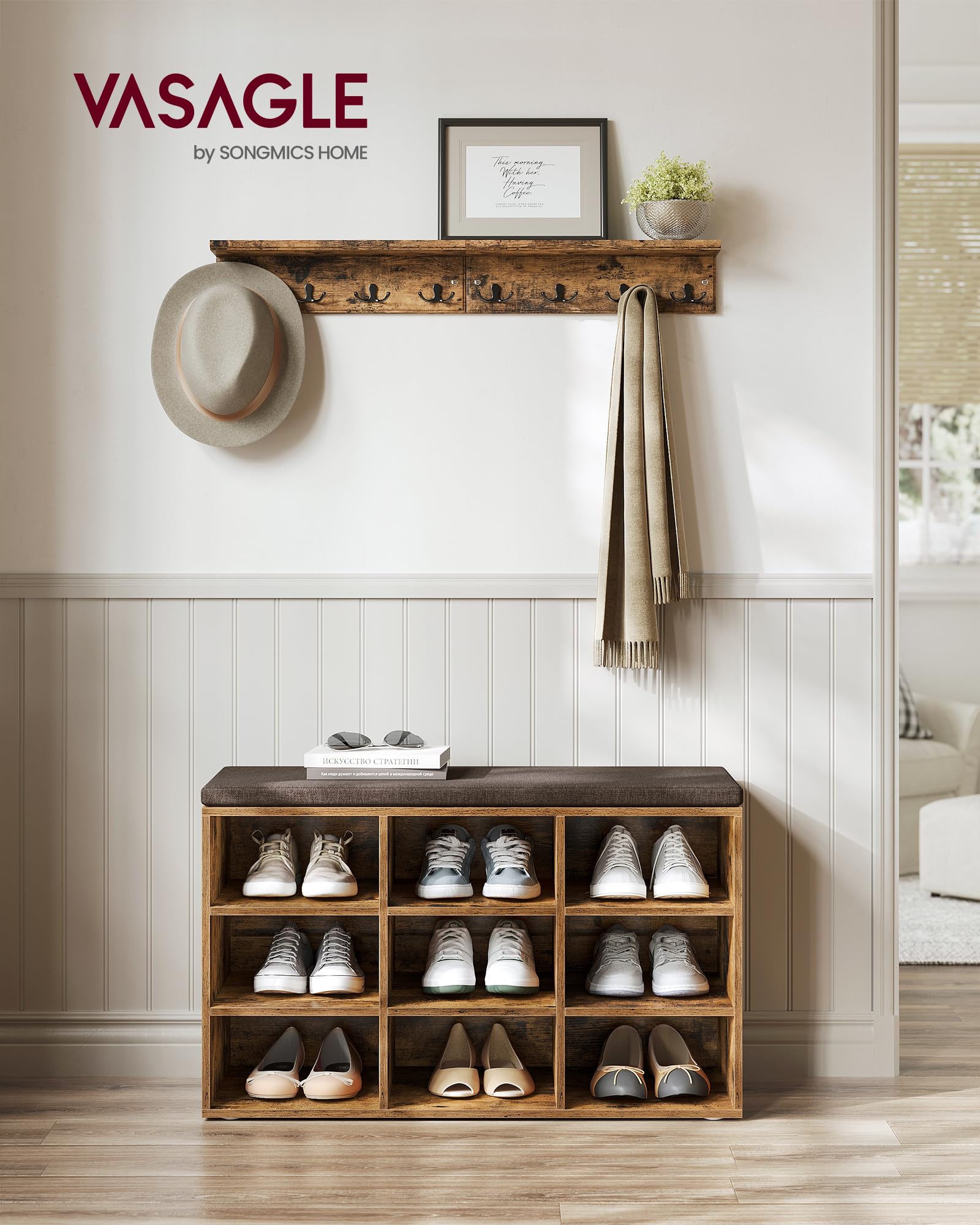VASAGLE Rustic Brown Entryway Shoe Bench with Cushion, 9 Compartment Storage, 11.9 x 30.9 x 18.9 Inches, Padded Seat, Chestnut Brown
